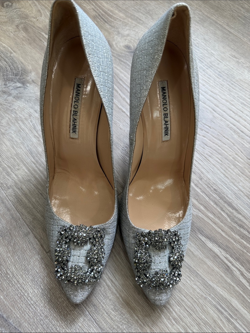 Manolo Blahnik Silver Crystal Buckle Pointed-Toe Pumps